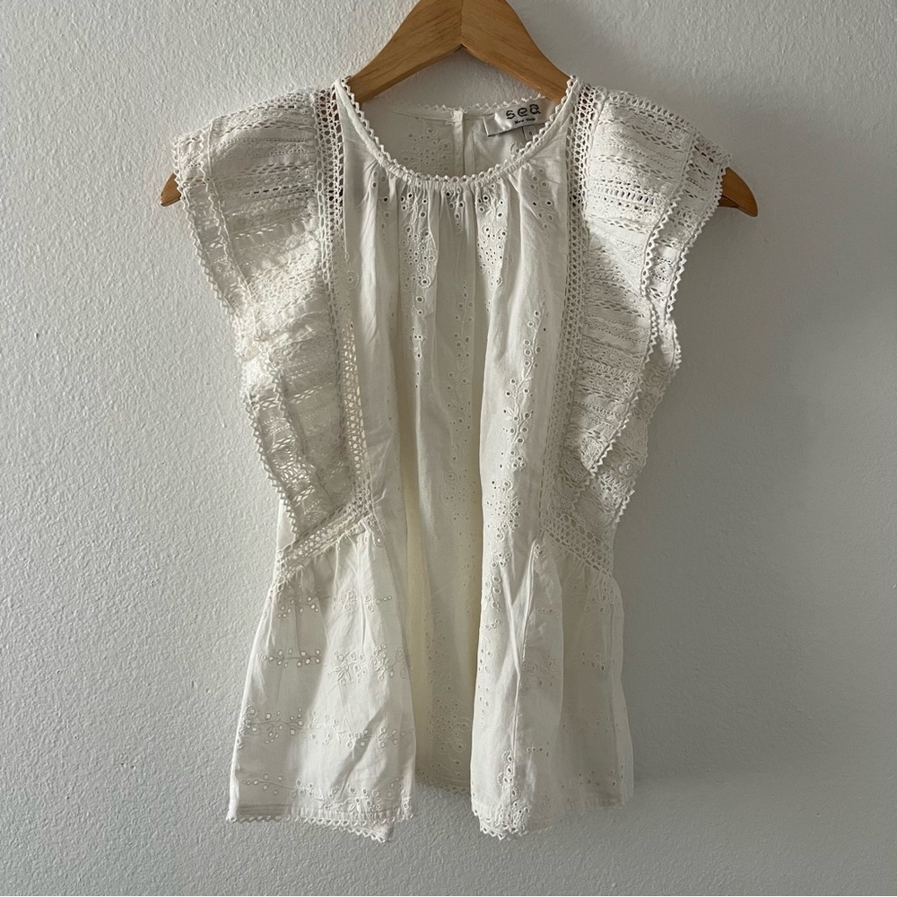 Sea New York Lea Flutter Sleeve Eyelet Lace Guipure Top - Picture 4 of 11